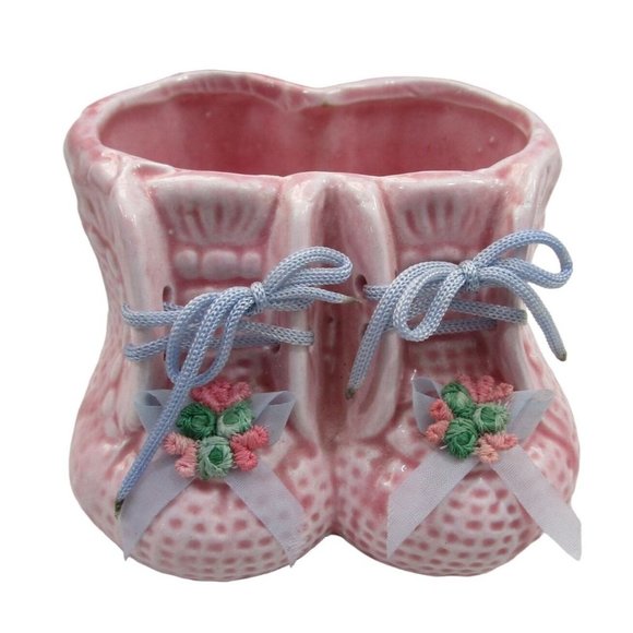 Reubens Other - Vintage Reubens Pink Baby Bootie Planter Blue Laces Ribbons Floral Accent Tiawan